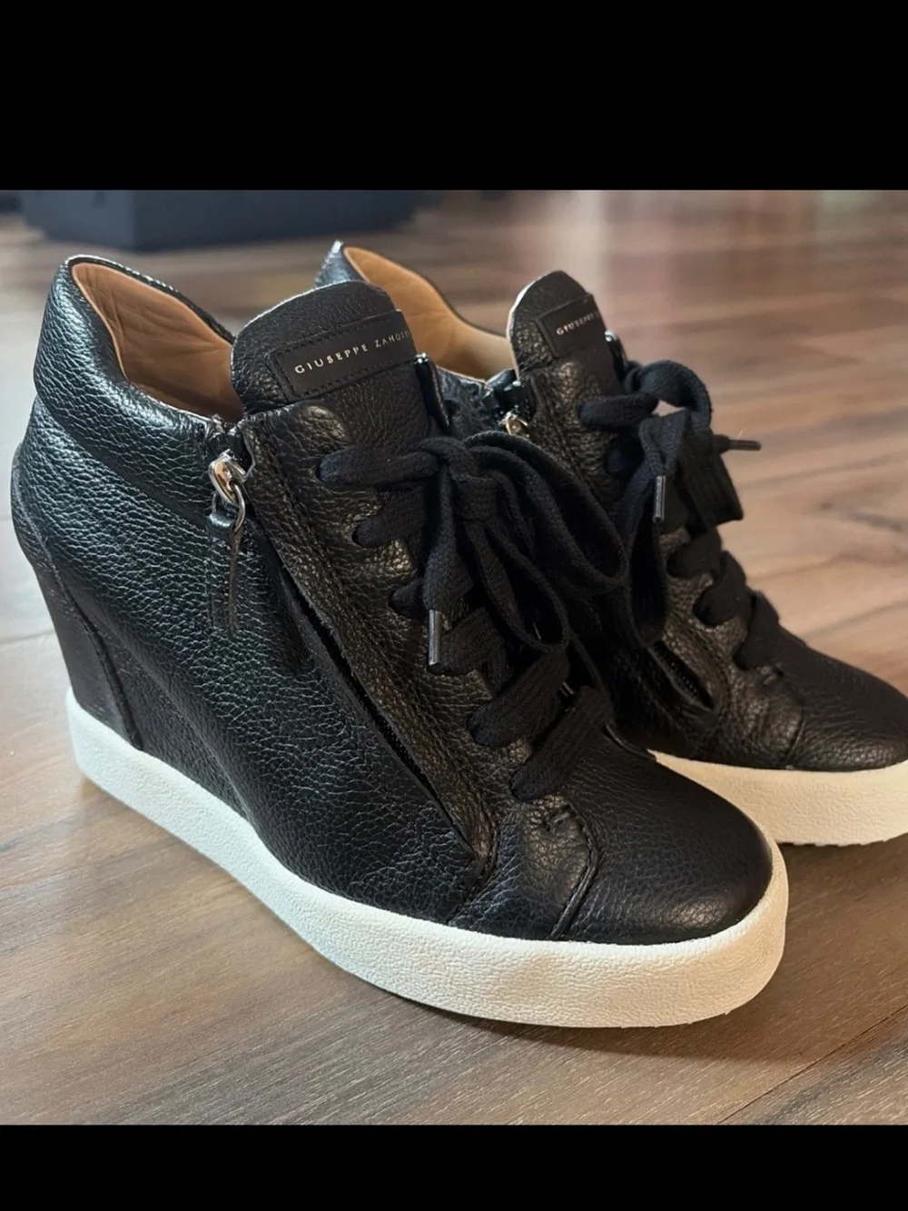 Giuseppe Zanotti Black Leather Wedge HighTop Sneakers White Sole Zip Italy 39.5
